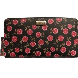 Kate Spade New York Floral Zip Around Wallet Black Pink Rose Print